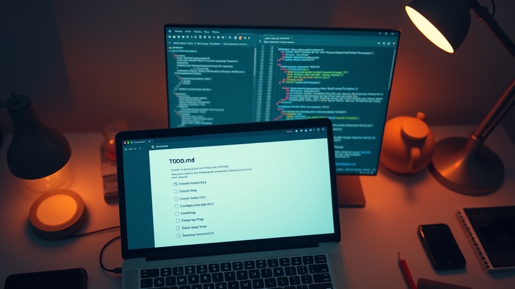 Developer workspace with TODO.md file and Claude Code terminal