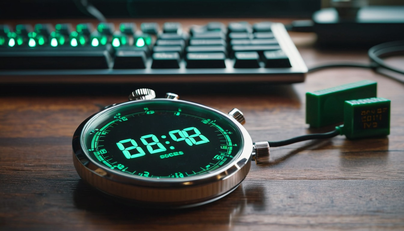 Stopwatch on a desk next to a mechanical keyboard