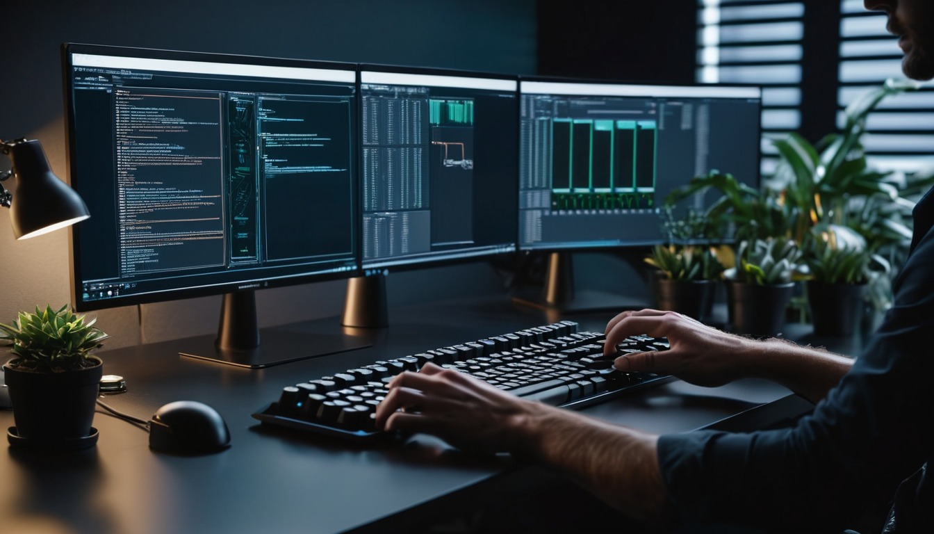 Hands typing on a mechanical keyboard with code on monitors