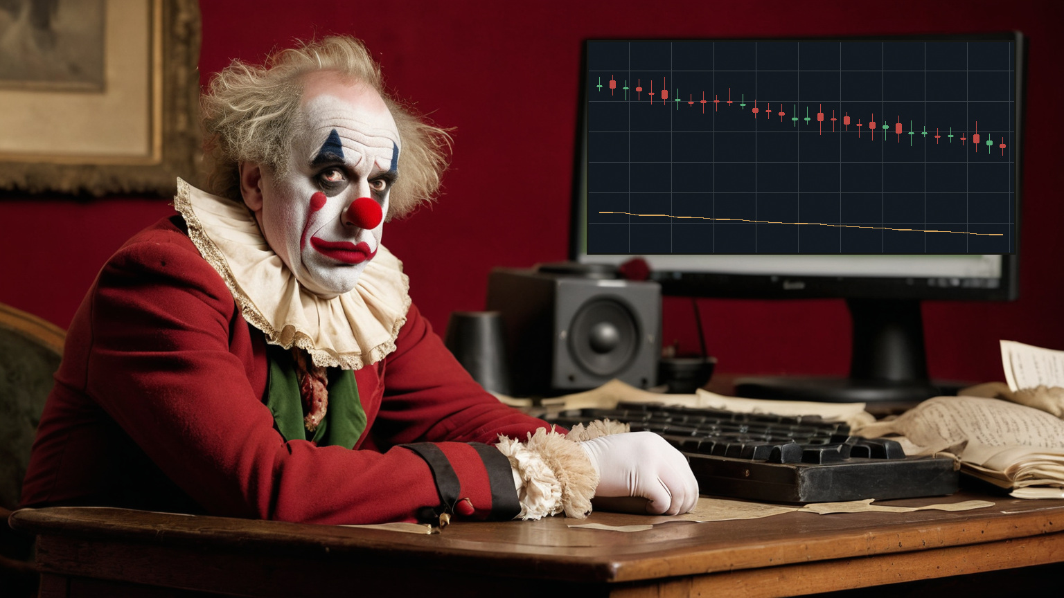 A broke antique circus clown at a computer desk beside a losing stock chart