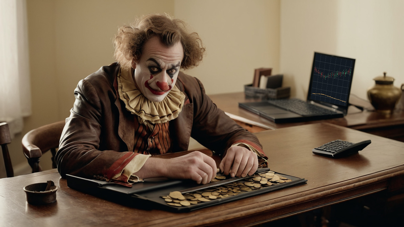 An antique circus clown counting coins at a trading computer as execution costs pile up