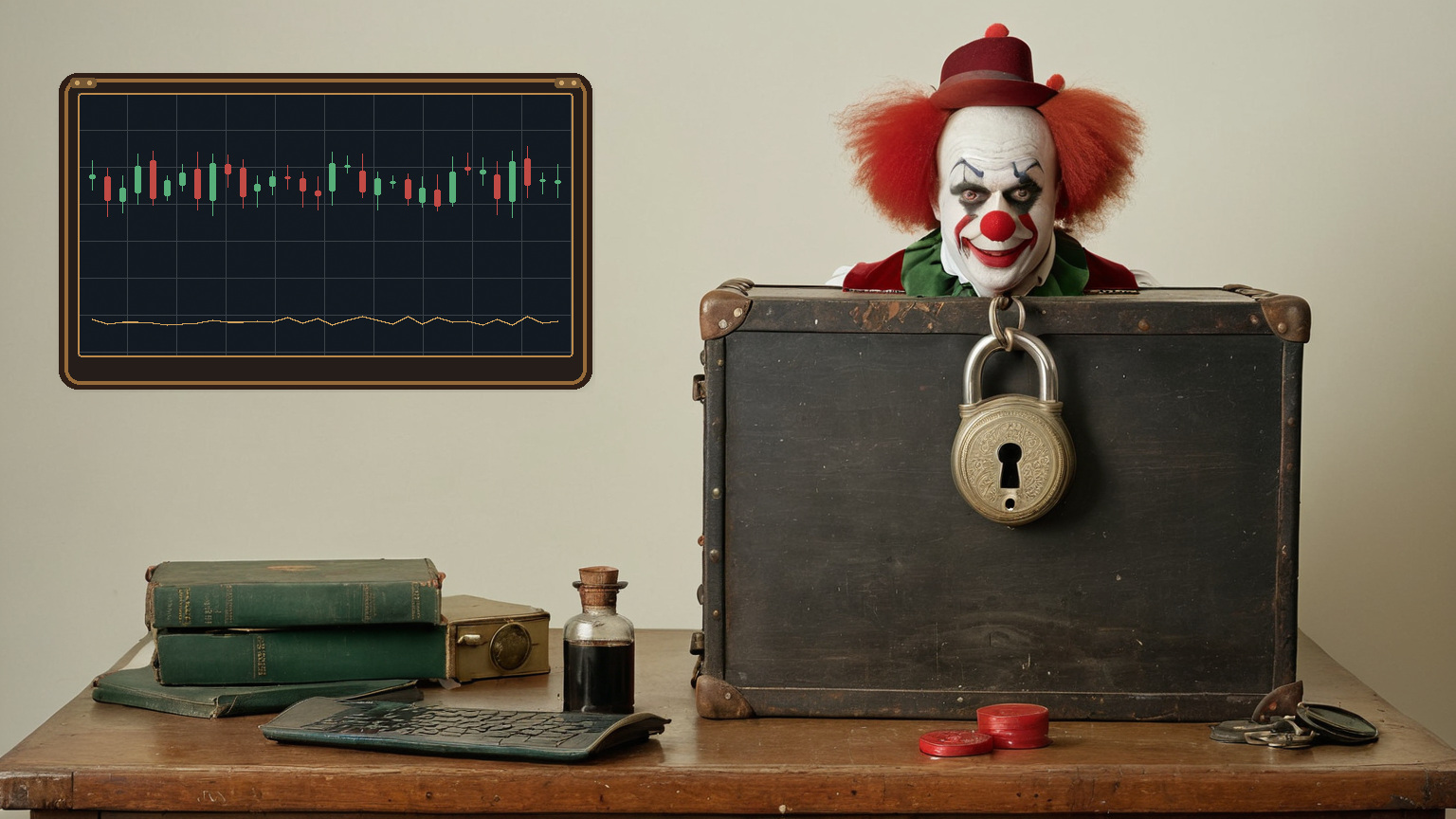 An antique circus clown peeking over a padlocked stock-market data trunk