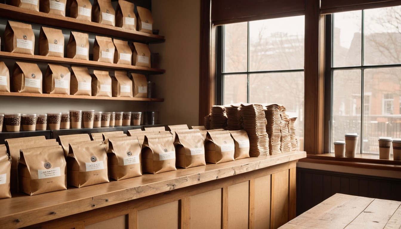 A photo of a specialty coffee shop shelf lined with kraft paper coffee bags, with one row of bags standing on a wooden counter in front