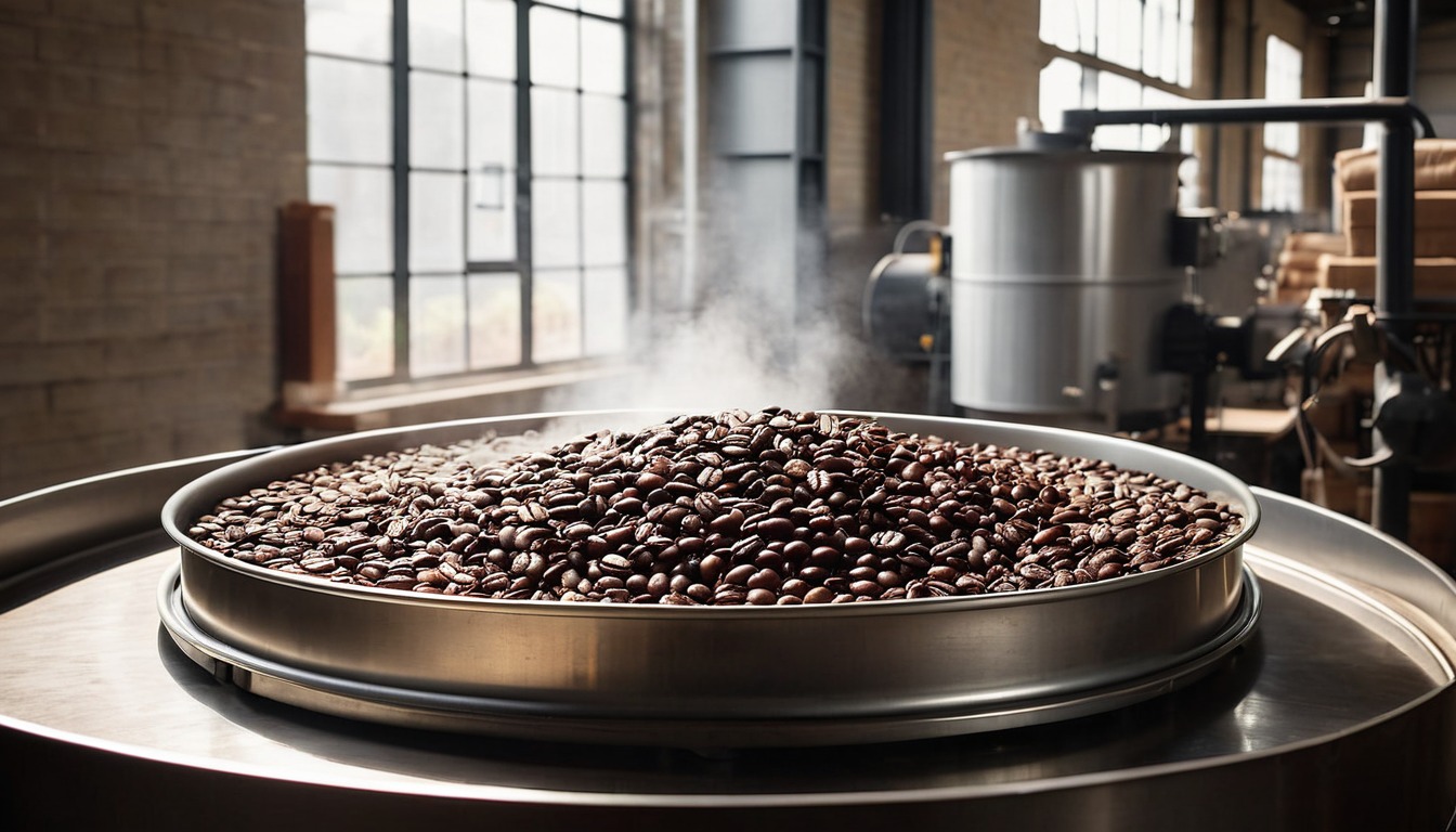 A photo of freshly roasted coffee beans cooling in a round steel roaster tray with steam rising, roastery tanks and sacks blurred behind